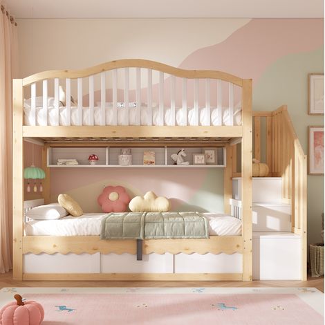 Letto a castello per bambini 90x200 cm con contenitore idraulico, mensole e scaletta, bianco e legno di rovere (1/5)