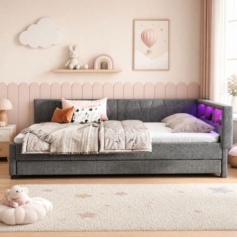 DESMIU Lit banquette 140 × 200 cm 2 places avec USB, Type-C et LED, sans matelas, en lin, gris (1/5)