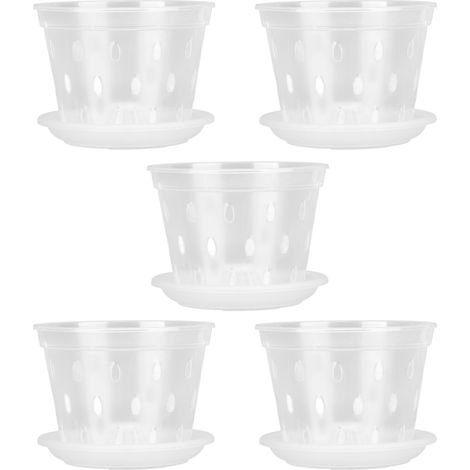 Lot de 5 pots à orchidées transparents et respirants avec soucoupes perforées, pour l'intérieur et l'extérieur.