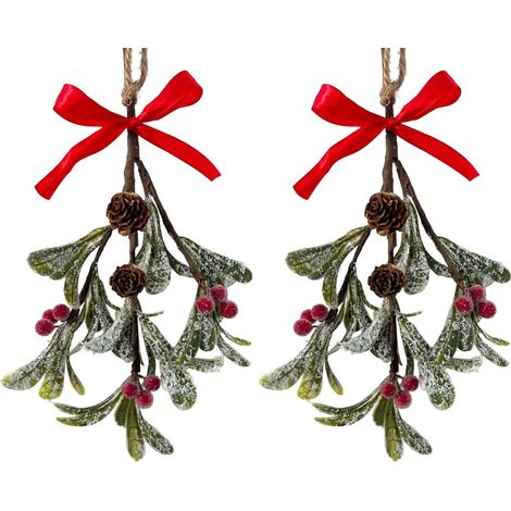 Sollbry Lot de 4 branches de gui artificielles avec nœud rouge et baies - Décoration de Noël à suspendre avec pommes de pin, feuilles séchées - Décoration (1/5)