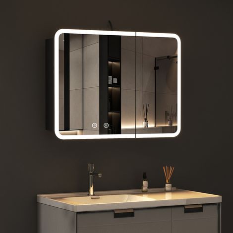 Schwarz Spiegelschrank Bad mit Beleuchtung 80x60cm Komplett Vormontiert LED Spiegelschrank mit Beleuchtung Badspiegel Schwarz Badezimmerschrank Hängeschränke Medizin Kabinett mit 3 Einstellbare Lichtf (1/5)