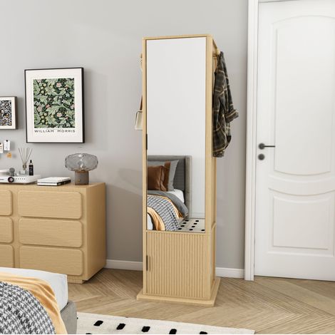 Armario con espejo giratorio 360° 50x50x170 cm con joyero, estantes y ganchos, MDF - natural (1/5)
