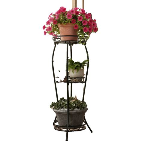 Soporte para plantas, estructura metálica, 3 niveles, diámetro del nivel superior 30 cm, altura 84 cm, independiente. (1/5)