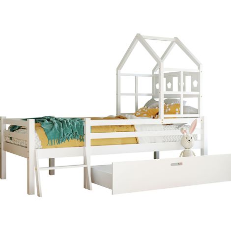 Lit mezzanine enfant 90x200 cm avec échelle, tiroir de rangement, barrière de sécurité 28 cm et design maison, blanc, pour chambre d'enfant - CHICFURN (1/5)