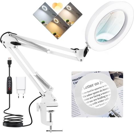 Lampe Loupe, Lampe de Bureau avec Loupe 10X et LED, LOupe Eclairante avec Pince en Métal et Bras Pivotant Réglable, 3 Modes de Couleur,10 Niveaux de Luminosité pour Artisanat, Réparation (1/5)