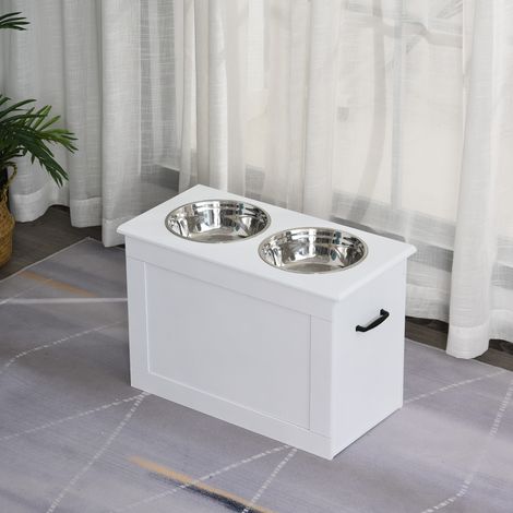 Hundenapf-Set mit 2 Edelstahlnäpfen und verstecktem Stauraum, 60 x 30 x 41 cm, Weiß