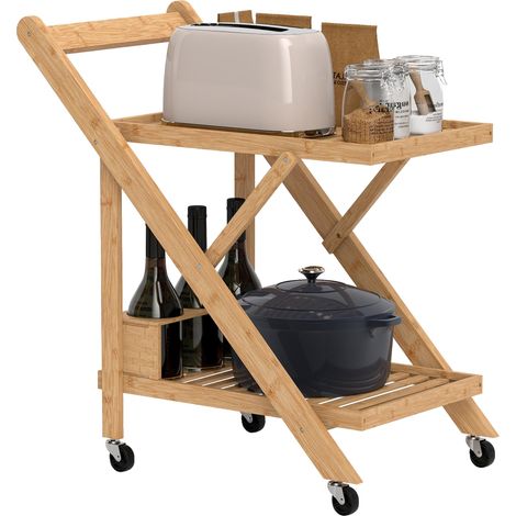 Chariot de cuisine pliable 2 niveaux en bambou avec porte-bouteilles, idéal pour gagner de la place et organiser ustensiles et provisions avec style naturel. (1/4)
