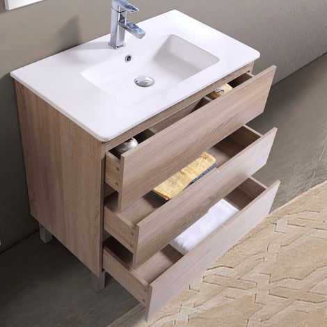 Meuble sous‑vasque JUPITER 80 cm À poser, Meuble de salle de bain effet chêne naturel, plan céramique, 3 tiroirs amortis, miroir simple inclus, meuble lavabo rangement optimisé (1/5)