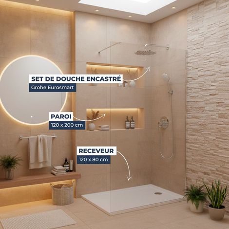 Pack de ducha COMPLETO – Mampara Walk-In 120x200 cromo + set Grohe Eurosmart 2 chorros + plato mármol blanco 120x80 (1/5)