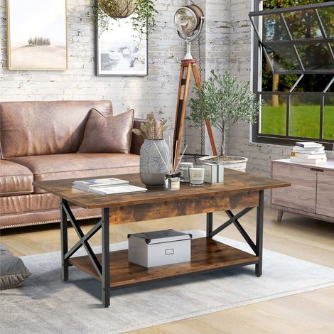Table Basse 2 Niveaux avec Étagère Bois Cadre Métallique en Forme X Pieds Réglables Style Industrielle 110 x 60 x 48 cm Café (1/5)