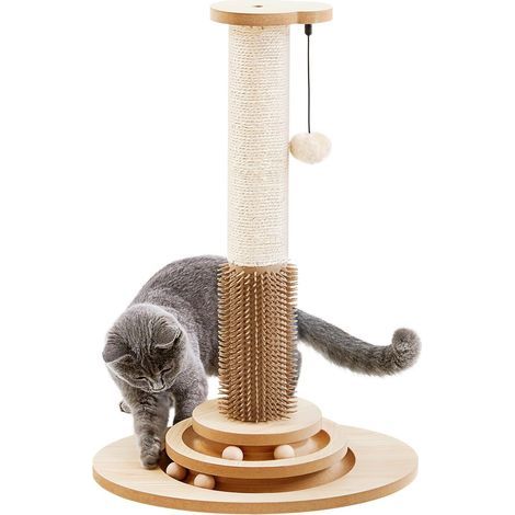 Katzenkratzbaum, 58 cm hoher Sisal-Kratzbaum mit Selbstpflegefunktion, 4-in-1 interaktives Trackball-Spielzeug mit Haarbürste, vertikaler Katzenkletterbaum mit baumelnden Plüschbällen