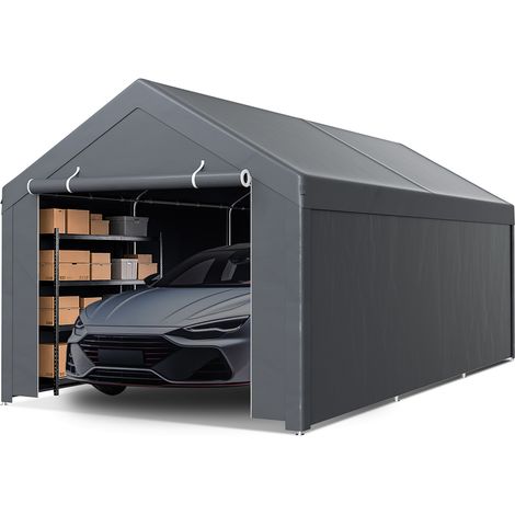 Jiubiaz Garagenzelt 3x6 m, Carport mit Seitenwaenden, PE Lagerzelt mit verzinktem Stahlgestell, wetterfester Unterstand fuer Pkw, Maschinen und Gartengeraete, Grau