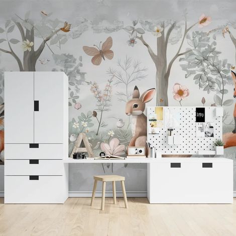 Papier Peint Enfant - Renards et Lapins Fleuris - 500 x 270 cm (1/2)
