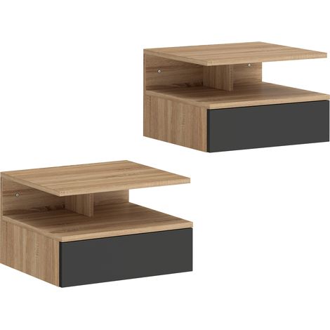 Lot de 2 tables de chevet murales noires en chêne, avec tiroir coulissant, niche et plateau (1/5)
