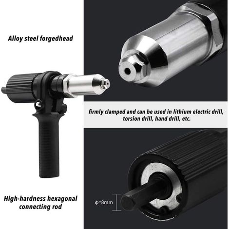 Adaptateur de Pistolet à Rivet électrique Fixation de Rivet Aveugle Adaptateur de Riveteuse avec Buse de Clé Pince à Riveter pour Perceuse Sans Fil (1/4)