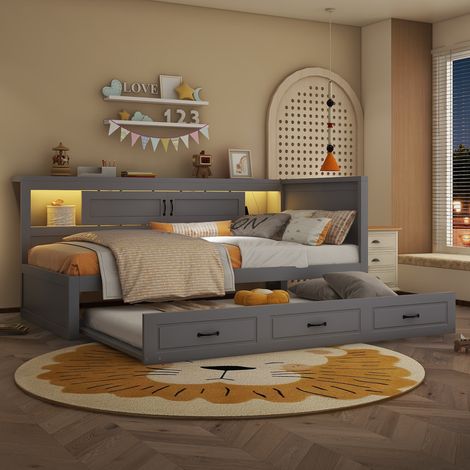 Lit canapé 90x200 gris avec LED rangement tiroir USB extensible (1/5)