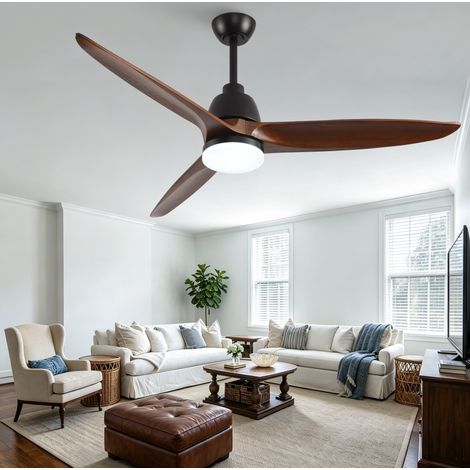 Ventilatore da soffitto con luce LED dimmerabile, 52 pollici, 6 velocità, motore DC silenzioso, 3 pale in legno scuro e telecomando, per interni - CHICFURN (1/5)