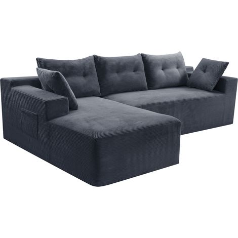 Canapé d'angle modulaire en velours côtelé noir, 4 places avec coussins (1/5)