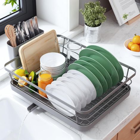Egouttoir Vaisselle Cuisine - Egoutoire Compact et Gain de Place, Seche Vaisselle en Acier Inoxydable avec Porte-Couverts, 29,0 x 38,1 x 12,7 cm, Gris (1/5)