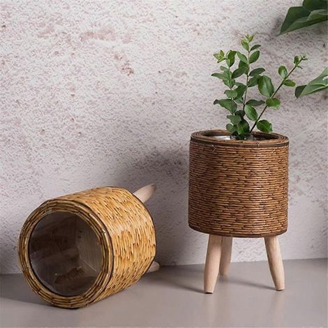 Étagère à fleurs vintage en rotin tressé, panier de rangement fait main avec pieds en bois, support pour pots de fleurs, C (1/4)