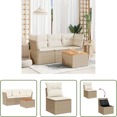 vidaXL Rattanmöbel - 4-tlg. Garten-Sofagarnitur mit Kissen Beige Poly Rattan (1/5)