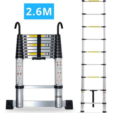 Echelle télescopique aluminium 9 marches H 2,6M avec crochets démontables et barre stabilisatrice - SECURY-T