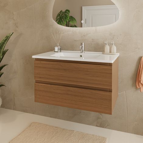 Meuble de salle de bain suspendu 80cm – Chêne chaud – Lavabo en céramique blanc – Tiroirs à fermeture douce – Résistant à l'humidité (1/5)