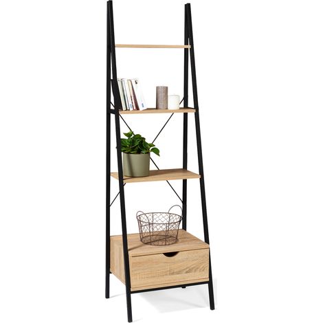 Idmarket – Etagère échelle 4 niveaux avec tiroir – Bois et métal noir – Hauteur 170 cm – Largeur 40 cm – Longueur 50 cm – Style industriel