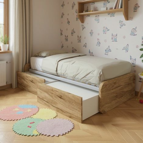Letto singolo con cassetti 80x190 per cameretta - Design personalizzabile - Quercia