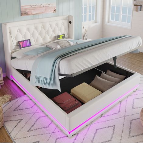 Lit double capitonné 180x200 cm blanc PU avec rangement hydraulique, LED 3 faces et USB-C (1/5)