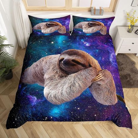 Sloth Housse de Couette 3D Funny Animal Galaxy Parure de Lit 220x240cm Chic Violet Bleu Ciel Étoilé Pour Enfants Garçons Filles Enfants Espace Voie Lactée Parure Housse de Couette Décor de chambre - 2 (1/5)
