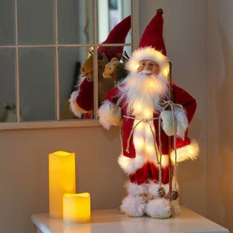 45cm Battery Operated Red Standing Light up Santa Claus with Brown Woven Sack (1/5)