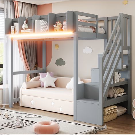 Letto a soppalco per bambini 90x200 cm, con scala e ripiani, con luce LED, in legno, grigio, senza materasso (1/5)