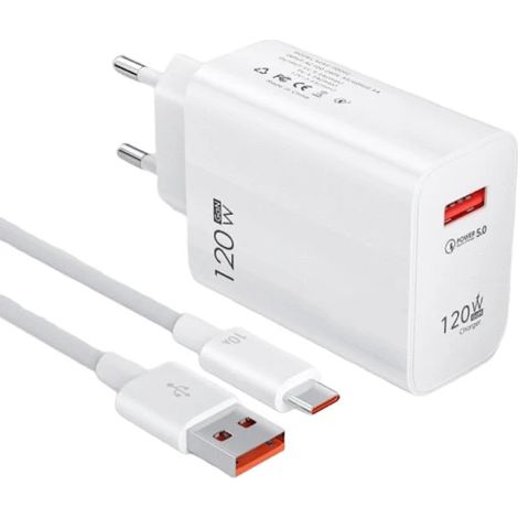 Chargeur USB 120 W à charge rapide QC3.0, câble USB-C, chargeur mobile compatible Huawei, Samsung et Xiaomi, blanc, 10 A (1/5)