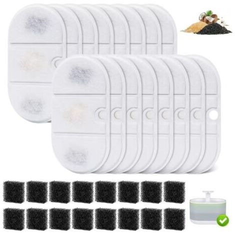 Filter für Katzenbrunnen, 16er-Pack Filter und 16 Schwämme aus Harz und Aktivkohle, kompatibel mit 2,1-Liter-Katzenbrunnen PLWF002 (1/5)