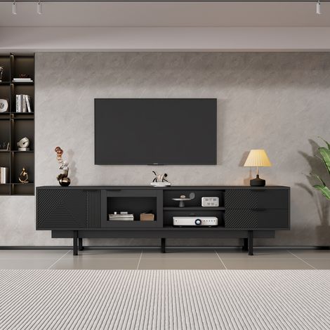 Grand rangement pour salon, banc TV noir avec porte en verre trempé, 200 cm, adapté aux téléviseurs 80 pouces (1/5)