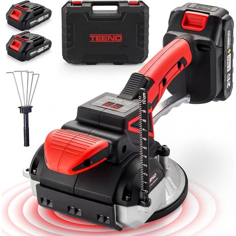 2 en 1 Ventouse Vibrante Carrelage Sans Fil 21V TEENO ,Ventouse Carrelage Electrique avec 2x2Ah Batteries,9 Vitesses,500 kg Aspiration,12000RPM Vibration,145mm Ventouse+Échelle+Râteau,pour Carreaux