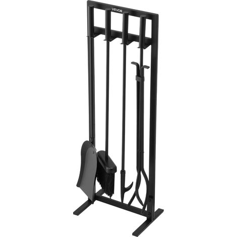 Ensemble d'outils de cheminée, 5 pcs, ensemble serviteur de cheminée, fer forgé et acier au carbone, avec support carré, pince, pelle à cendres, brosse, tisonnier, pour intérieur/extérieur, noir (1/5)