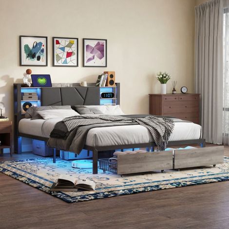 Superaly - Lit Double 160x200 cm, Lit en Bois de Fer avec 2 Tiroirs de rangement, lampe LED télécommandée, port USB, tête de Lit Rembourrée avec rangement, Dossier Souple, PU, Noir (1/5)