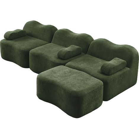 Divano modulare 3 posti a L in velluto verde con pouf, schiuma 32D (1/5)