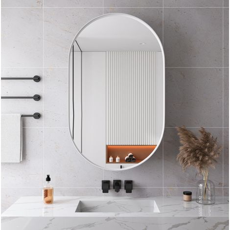 Armadietto specchio da bagno in metallo bianco, ovale, con 2 ripiani in vetro e installazione a parete o a incasso (1/5)