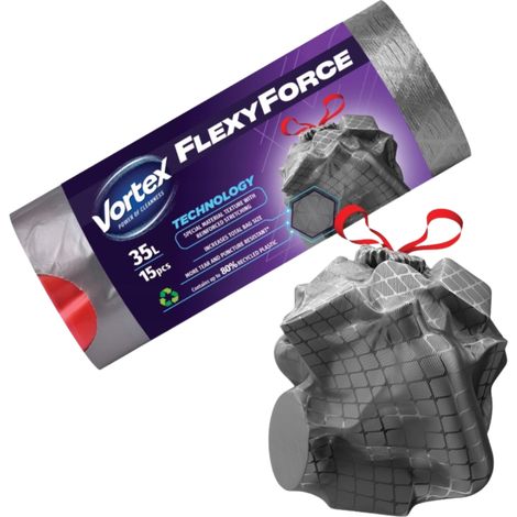 Sacchi per la spazzatura Vortex Flexy Force con coulisse, resistenti e flessibili, 35 litri, 15 pezzi (1/2)