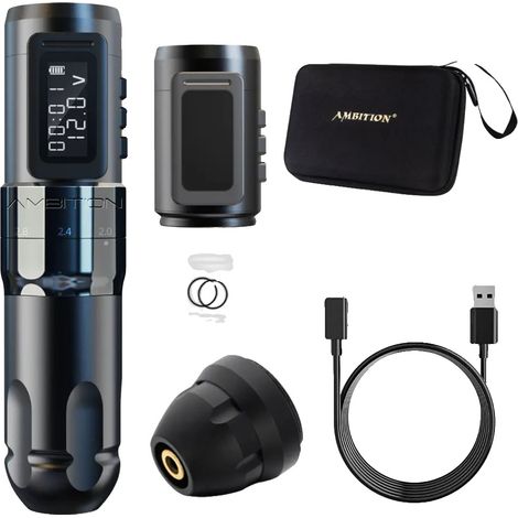 Máquina de tatuar inalámbrica, longitud de carrera ajustable, kit negro. (1/2)
