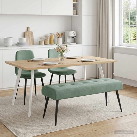 Banc capitonné en velours vert mer avec pieds en métal noir 110 x 40 x 46 cm - PANGIVO (1/5)