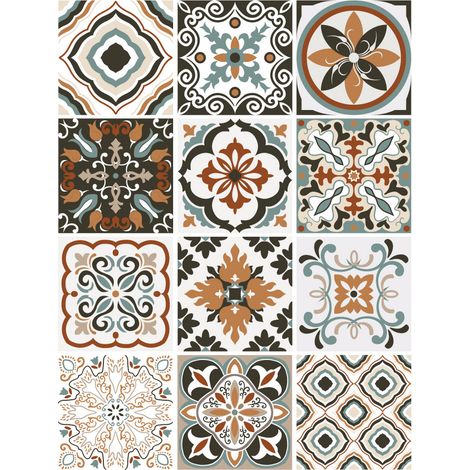 Planche de 12 Stickers Carreaux de Ciment Brown Flower – Autocollants Muraux Décoratifs Tons Naturels – 20 x 20 cm (1/4)