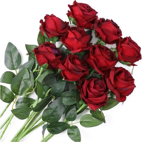 10 roses artificielles en soie, tige unique, roses soufflées pour bouquet de mariée, mariage, anniversaire, décoration intérieure et extérieure - Rouge foncé