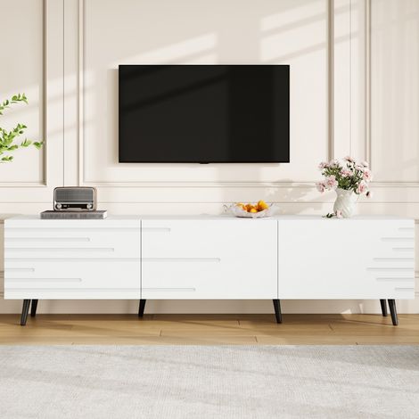 Meuble TV 180x40x48cm MDF blanc décor imprimé, 3 portes pliantes grand rangement, convient téléviseur jusqu'à 80 pouces salon (1/5)