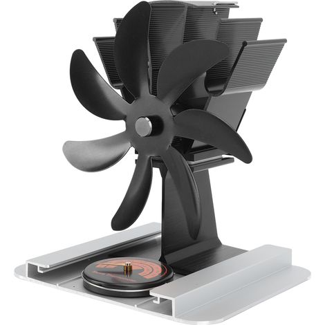 Ventilateur de poêle à bois à 7 pales, alimenté par la chaleur, avec plaque d'isolation thermique, thermomètre et fonctionnement silencieux. Format vertical, noir. (1/5)