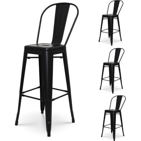 Set mit 4 mattschwarzen Metall-Barhockern im Industriestil - Mit hoher Rückenlehne - Höhe 76 cm