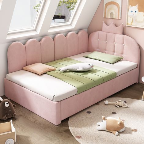 lit enfant lit adulte gigogne 90x200 velours rose OKMYHOME